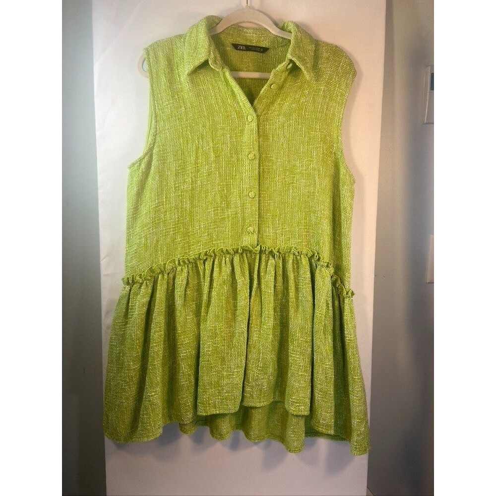 ZARA WOMENS LARGE GREEN TWEED TIERD MINI TUNIC DRESS SLEEVELESS BUTTON UP DRESS